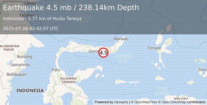 Earthquake 50 km ESE of Gorontalo, Indonesia (4.5 mb) (2025-07-28 02:42:07 UTC)