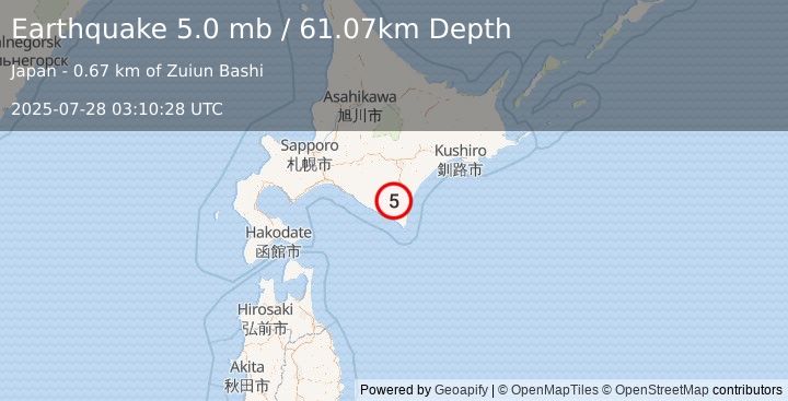 Earthquake 22 km WNW of Hiroo, Japan (5.0 mb) (2025-07-28 03:10:28 UTC)