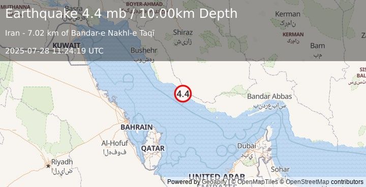 Earthquake 36 km WSW of Mohr, Iran (4.4 mb) (2025-07-28 11:24:19 UTC)