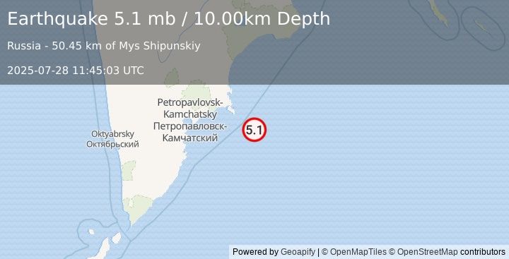 Earthquake 138 km ESE of Petropavlovsk-Kamchatsky, Russia (5.1 mb) (2025-07-28 11:45:03 UTC)