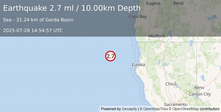 Earthquake 170 km W of Big Lagoon, California (2.7 ml) (2025-07-28 14:54:57 UTC)