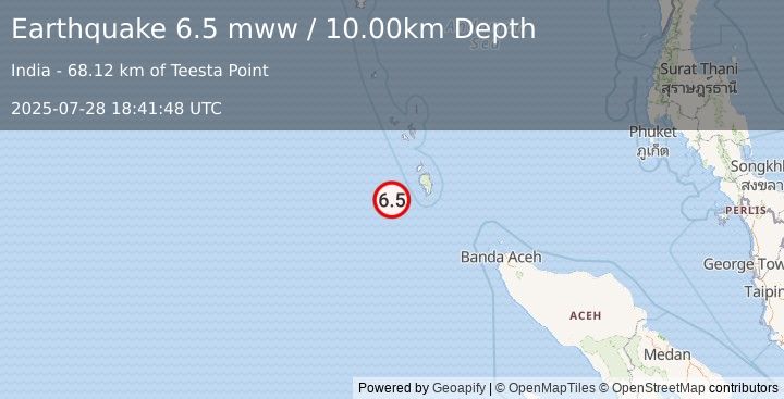 Earthquake 258 km WNW of Sabang, Indonesia (6.5 mww) (2025-07-28 18:41:48 UTC)