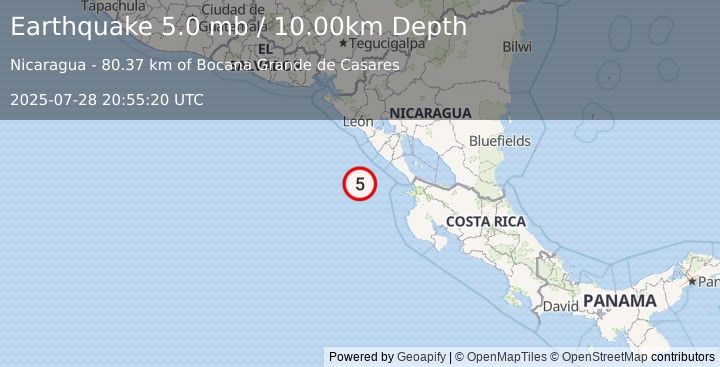 Earthquake 84 km SSW of Masachapa, Nicaragua (5.0 mb) (2025-07-28 20:55:20 UTC)