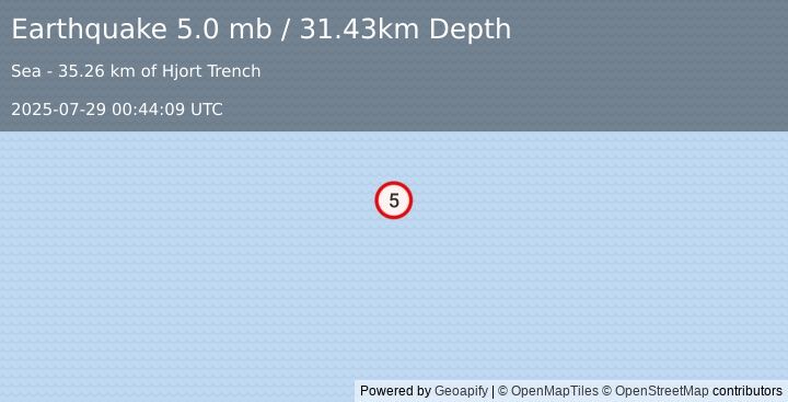 Earthquake Macquarie Island region (5.0 mb) (2025-07-29 00:44:09 UTC)