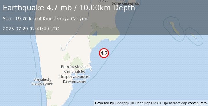 Earthquake 169 km ESE of Mil’kovo, Russia (4.7 mb) (2025-07-29 02:41:49 UTC)