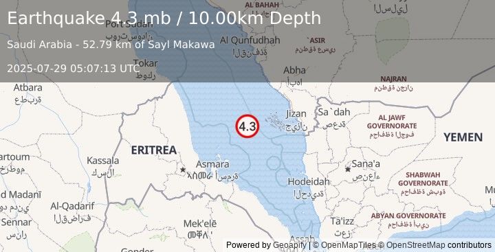 Earthquake 119 km W of Farasān, Saudi Arabia (4.3 mb) (2025-07-29 05:07:13 UTC)
