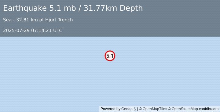 Earthquake Macquarie Island region (5.1 mb) (2025-07-29 07:14:21 UTC)