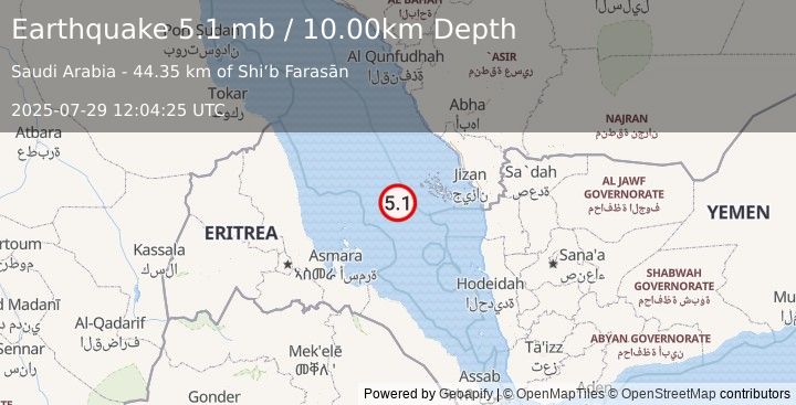 Earthquake 108 km W of Farasān, Saudi Arabia (5.1 mb) (2025-07-29 12:04:25 UTC)