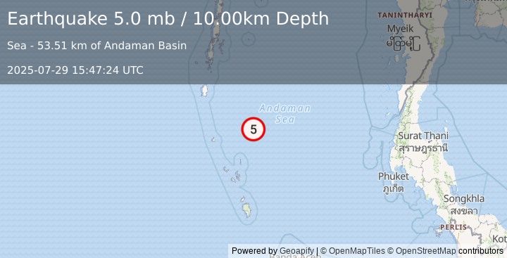 Earthquake 275 km SSE of Port Blair, India (5.0 mb) (2025-07-29 15:47:24 UTC)