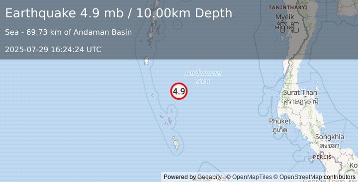 Earthquake 284 km SSE of Port Blair, India (4.9 mb) (2025-07-29 16:24:24 UTC)