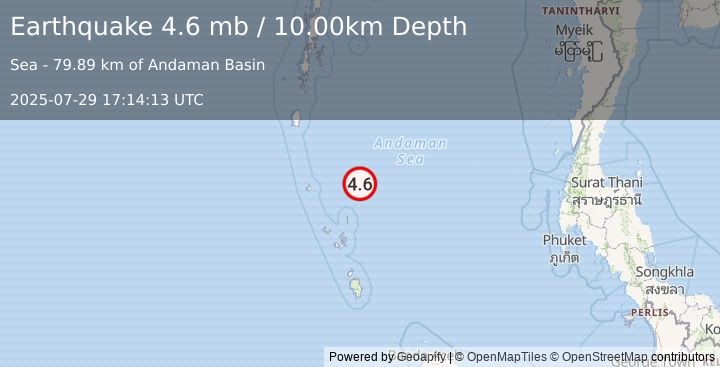 Earthquake 291 km SSE of Port Blair, India (4.6 mb) (2025-07-29 17:14:13 UTC)