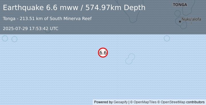 Earthquake south of the Fiji Islands (6.6 mww) (2025-07-29 17:53:42 UTC)