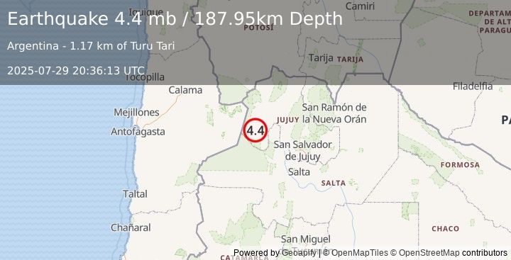 Earthquake 80 km NW of San Antonio de los Cobres, Argentina (4.4 mb) (2025-07-29 20:36:13 UTC)