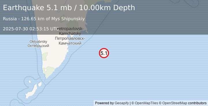 Earthquake 199 km ESE of Petropavlovsk-Kamchatsky, Russia (5.1 mb) (2025-07-30 02:53:15 UTC)