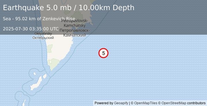 Earthquake 203 km SE of Petropavlovsk-Kamchatsky, Russia (5.0 mb) (2025-07-30 03:35:00 UTC)