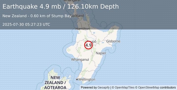 Earthquake 6 km N of Turangi, New Zealand (4.9 mb) (2025-07-30 05:27:23 UTC)