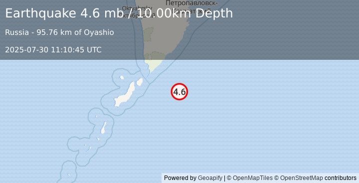 Earthquake 142 km E of Severo-Kuril’sk, Russia (4.6 mb) (2025-07-30 11:10:45 UTC)