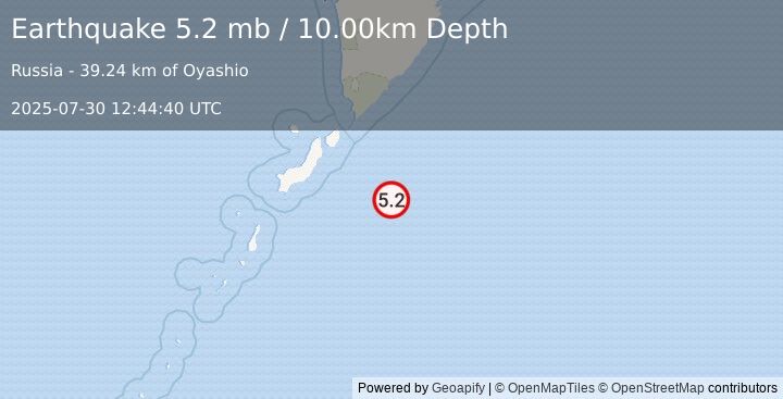 Earthquake 128 km SE of Severo-Kuril’sk, Russia (5.2 mb) (2025-07-30 12:44:40 UTC)