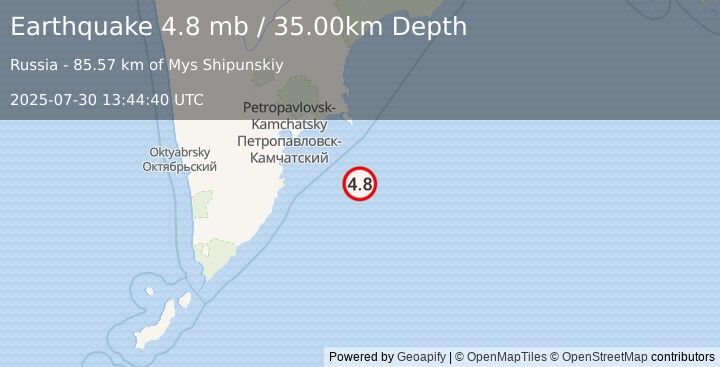 Earthquake 133 km SE of Petropavlovsk-Kamchatsky, Russia (4.8 mb) (2025-07-30 13:44:40 UTC)