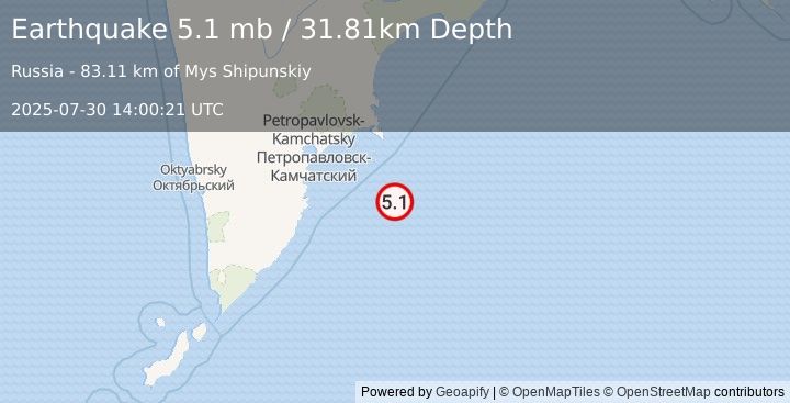 Earthquake 135 km SE of Petropavlovsk-Kamchatsky, Russia (5.1 mb) (2025-07-30 14:00:21 UTC)