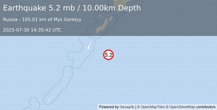 Earthquake 184 km S of Severo-Kuril’sk, Russia (5.2 mb) (2025-07-30 14:35:42 UTC)