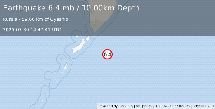 Earthquake 143 km ESE of Severo-Kuril’sk, Russia (6.4 mb) (2025-07-30 14:47:41 UTC)