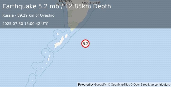 Earthquake 149 km ESE of Severo-Kuril’sk, Russia (5.2 mb) (2025-07-30 15:00:42 UTC)