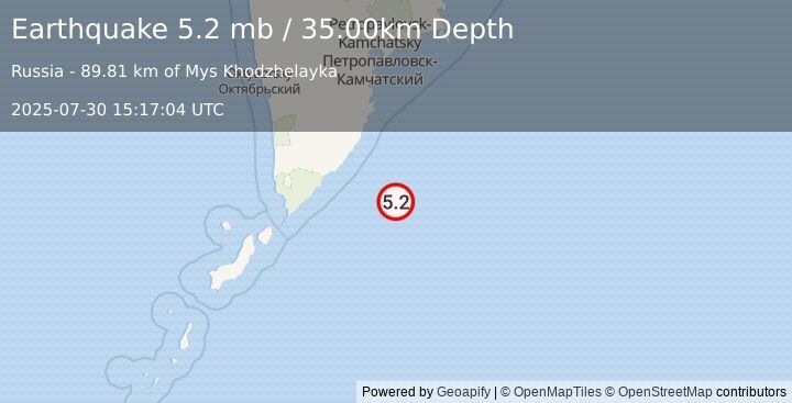 Earthquake 175 km ESE of Ozernovskiy, Russia (5.2 mb) (2025-07-30 15:17:04 UTC)