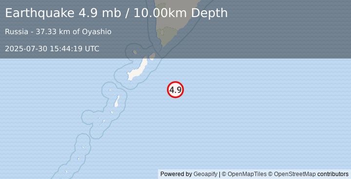 Earthquake 134 km SE of Severo-Kuril’sk, Russia (4.9 mb) (2025-07-30 15:44:19 UTC)