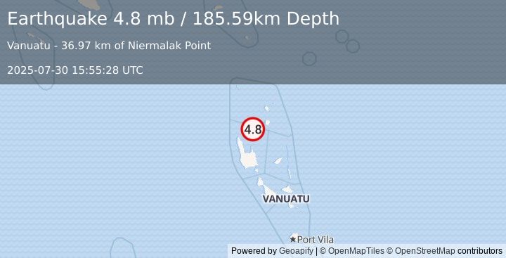 Earthquake 67 km N of Port-Olry, Vanuatu (4.8 mb) (2025-07-30 15:55:28 UTC)