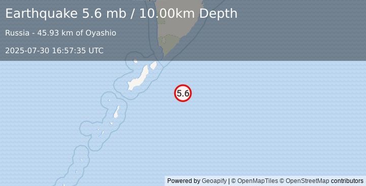 Earthquake 132 km SE of Severo-Kuril’sk, Russia (5.6 mb) (2025-07-30 16:57:35 UTC)