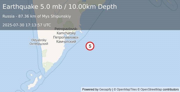 Earthquake 158 km ESE of Petropavlovsk-Kamchatsky, Russia (5.0 mb) (2025-07-30 17:13:57 UTC)
