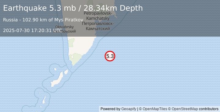 Earthquake 180 km SSE of Vilyuchinsk, Russia (5.3 mb) (2025-07-30 17:20:31 UTC)