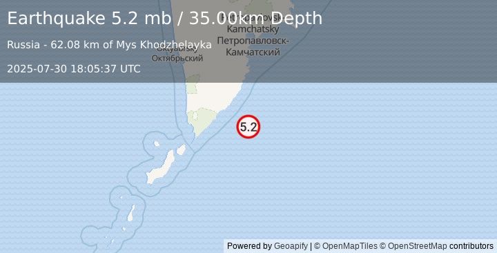 Earthquake 143 km ESE of Ozernovskiy, Russia (5.2 mb) (2025-07-30 18:05:37 UTC)