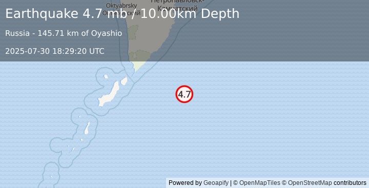 Earthquake 202 km E of Severo-Kuril’sk, Russia (4.7 mb) (2025-07-30 18:29:20 UTC)