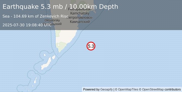 Earthquake 192 km SSE of Vilyuchinsk, Russia (5.3 mb) (2025-07-30 19:08:40 UTC)