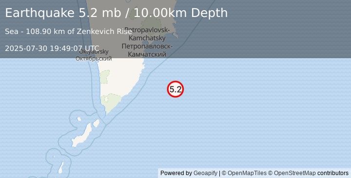 Earthquake 170 km SE of Vilyuchinsk, Russia (5.2 mb) (2025-07-30 19:49:07 UTC)