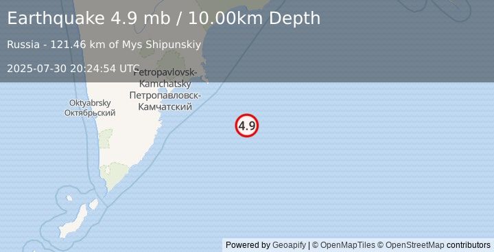 Earthquake 197 km ESE of Petropavlovsk-Kamchatsky, Russia (4.9 mb) (2025-07-30 20:24:54 UTC)