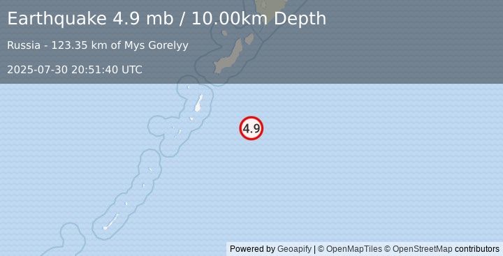 Earthquake 194 km S of Severo-Kuril’sk, Russia (4.9 mb) (2025-07-30 20:51:40 UTC)