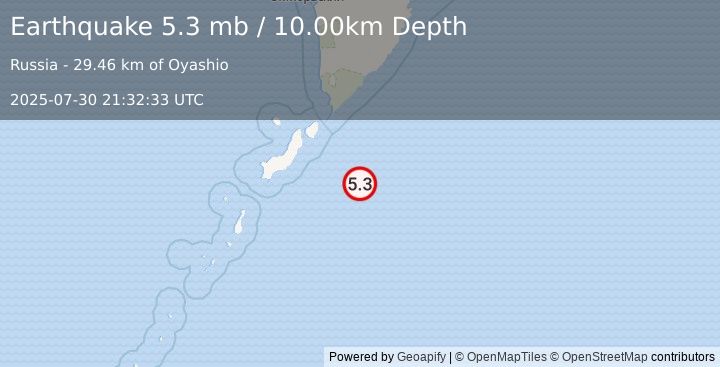 Earthquake 118 km SE of Severo-Kuril’sk, Russia (5.3 mb) (2025-07-30 21:32:33 UTC)
