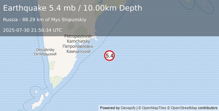 Earthquake 165 km ESE of Petropavlovsk-Kamchatsky, Russia (5.4 mb) (2025-07-30 21:50:34 UTC)