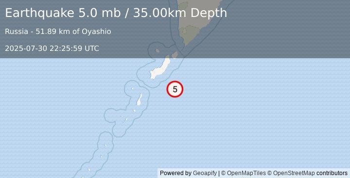 Earthquake 102 km S of Severo-Kuril’sk, Russia (5.0 mb) (2025-07-30 22:25:59 UTC)