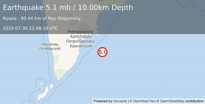 Earthquake 135 km SE of Petropavlovsk-Kamchatsky, Russia (5.1 mb) (2025-07-30 22:48:19 UTC)