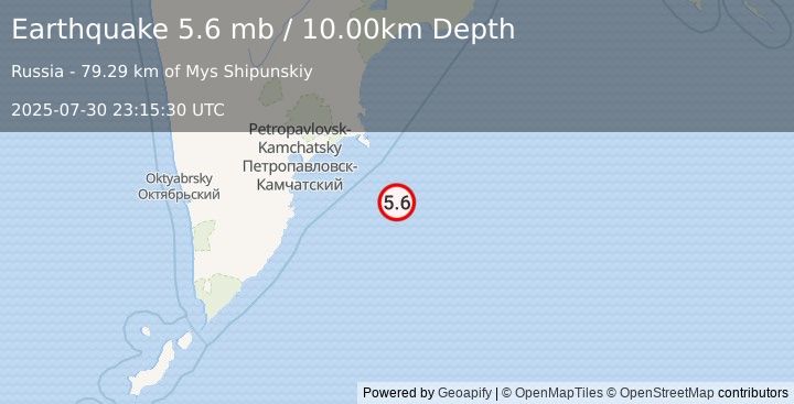 Earthquake 147 km ESE of Petropavlovsk-Kamchatsky, Russia (5.6 mb) (2025-07-30 23:15:30 UTC)