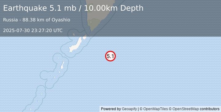 Earthquake 173 km ESE of Severo-Kuril’sk, Russia (5.1 mb) (2025-07-30 23:27:20 UTC)
