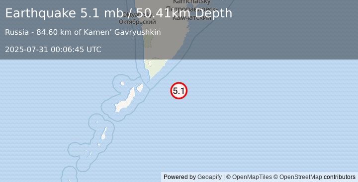 Earthquake 138 km E of Severo-Kuril’sk, Russia (5.1 mb) (2025-07-31 00:06:45 UTC)