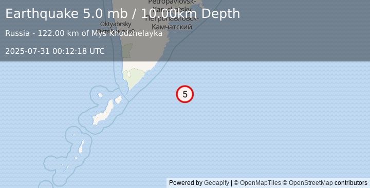 Earthquake 200 km ESE of Ozernovskiy, Russia (5.0 mb) (2025-07-31 00:12:18 UTC)