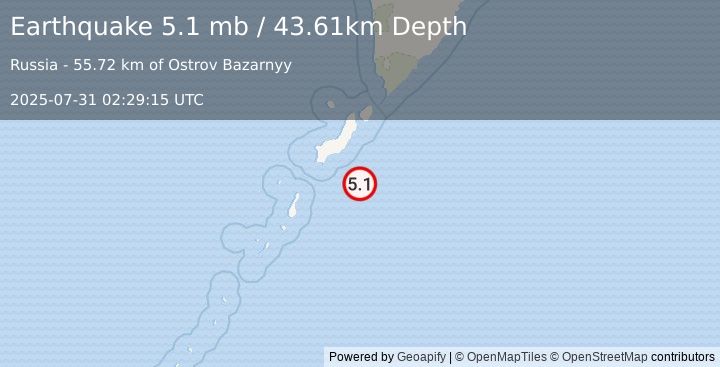 Earthquake 102 km S of Severo-Kuril’sk, Russia (5.1 mb) (2025-07-31 02:29:15 UTC)