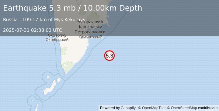Earthquake 162 km SE of Vilyuchinsk, Russia (5.3 mb) (2025-07-31 02:38:03 UTC)