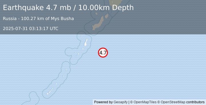 Earthquake 192 km S of Severo-Kuril’sk, Russia (4.7 mb) (2025-07-31 03:13:17 UTC)
